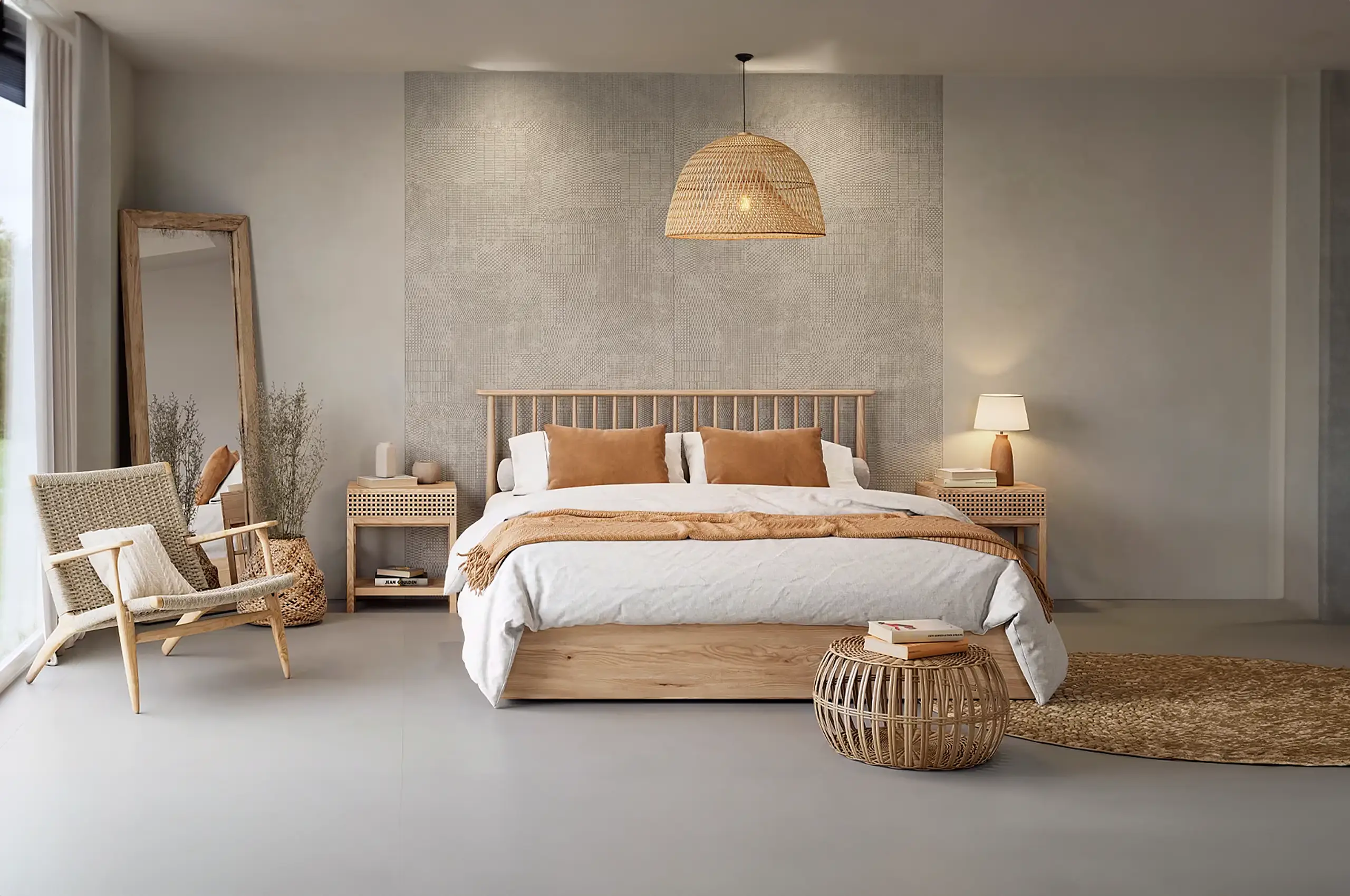 Naturstein im Innenbereich, Schlafzimmer, minimalistisch warm