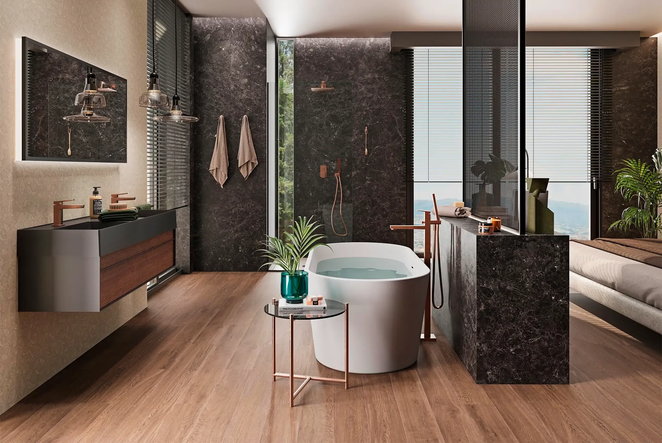 Badezimmer mit dunklem Naturstein, Pflanzen